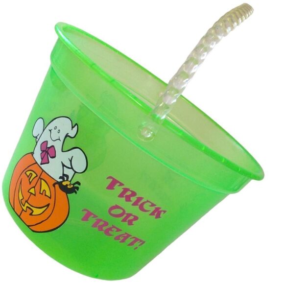 Vintage Halloween Bucket Pail Trick or Treat Ghost Translucent Neon Green 1990s. - Picture 5 of 16